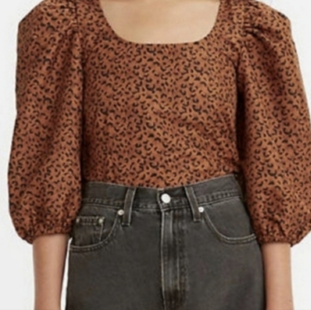 XS/S Levi's Leopard Print Cocoa Brown & Black Kaila Puff Sleeve Top - Picture 3 of 12